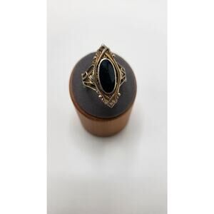 Vintage Black Onyx Style Filigree Marquise Ring Ornate Cocktail Ring